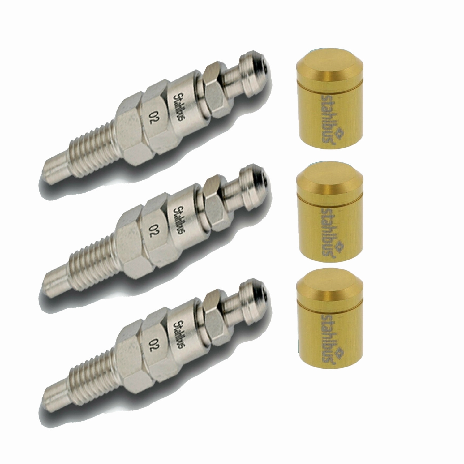 3x stahlbus SB-110211 Schnell-Entlüfterschraube M7x1.0x16 + Ventilkappen gold