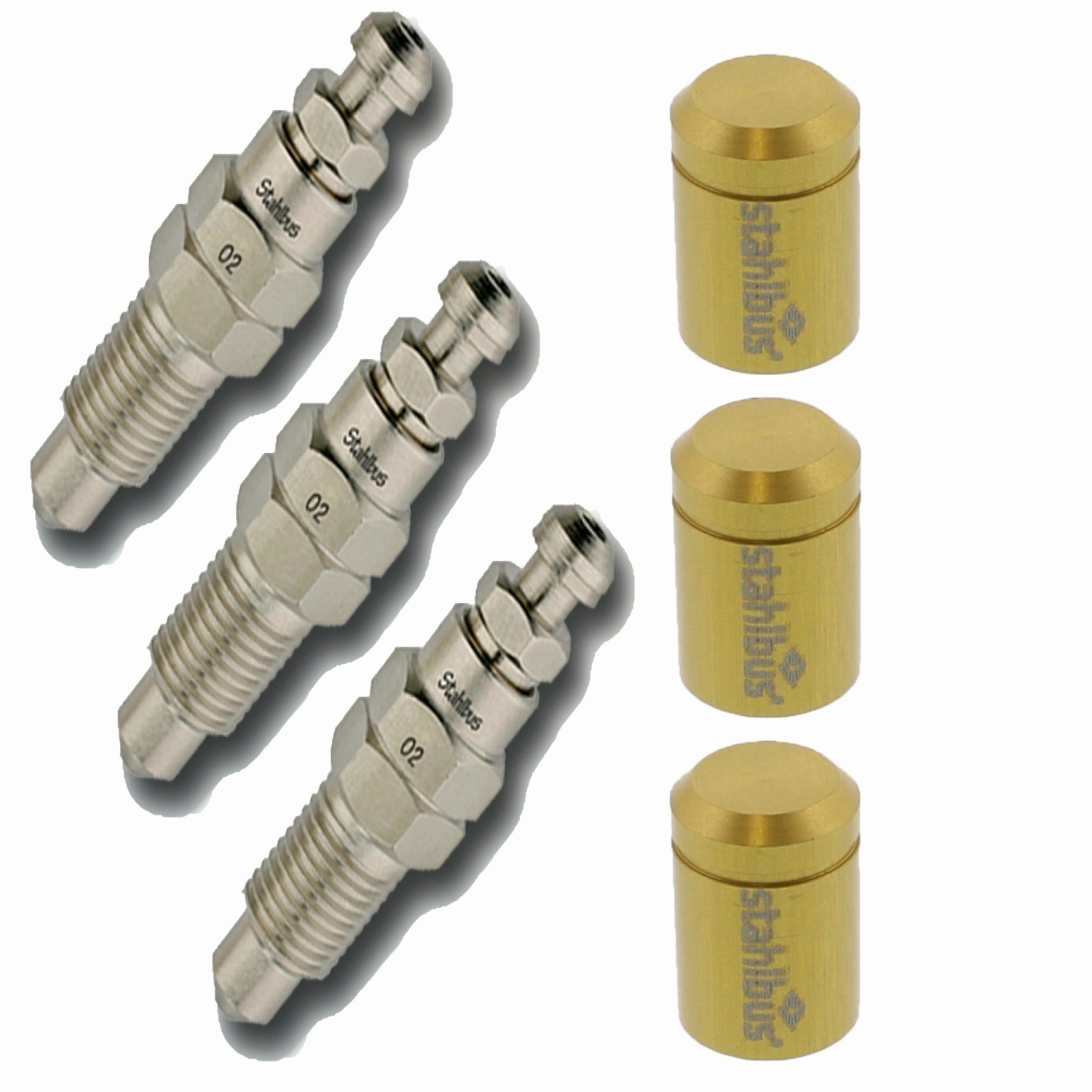 3x stahlbus Entlüfterschraube Entlüftungsventil 3/8 Zoll-24UNFx22 mm + Alukappen Gold