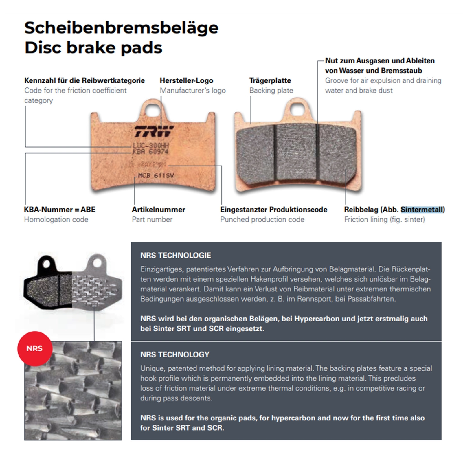 TRW MCB558SI Sintermetall Bremsbeläge vorne für Yamaha YZ80 YZ85 17/14 19/16 Zoll TT-R 125 LW LWE