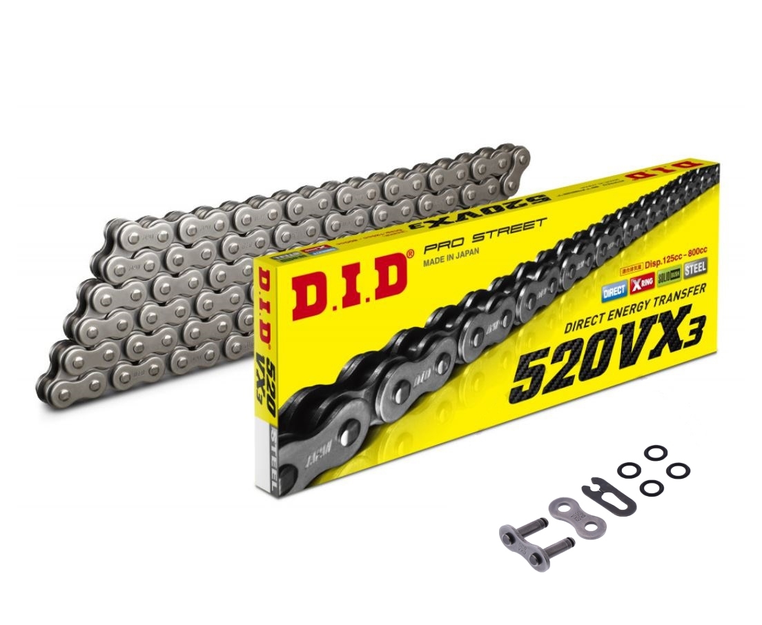 DID VX3 Motorrad X-Ringkette verstärkt offen 520 Teilung 130 Glieder +Clipschloss