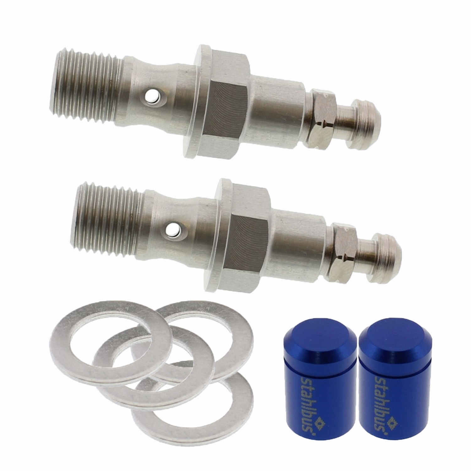 SET Stahlbus Hohlschrauben mit Entlüftungsventil M10x1.0 Alu + 2 Abdeckkappen blau