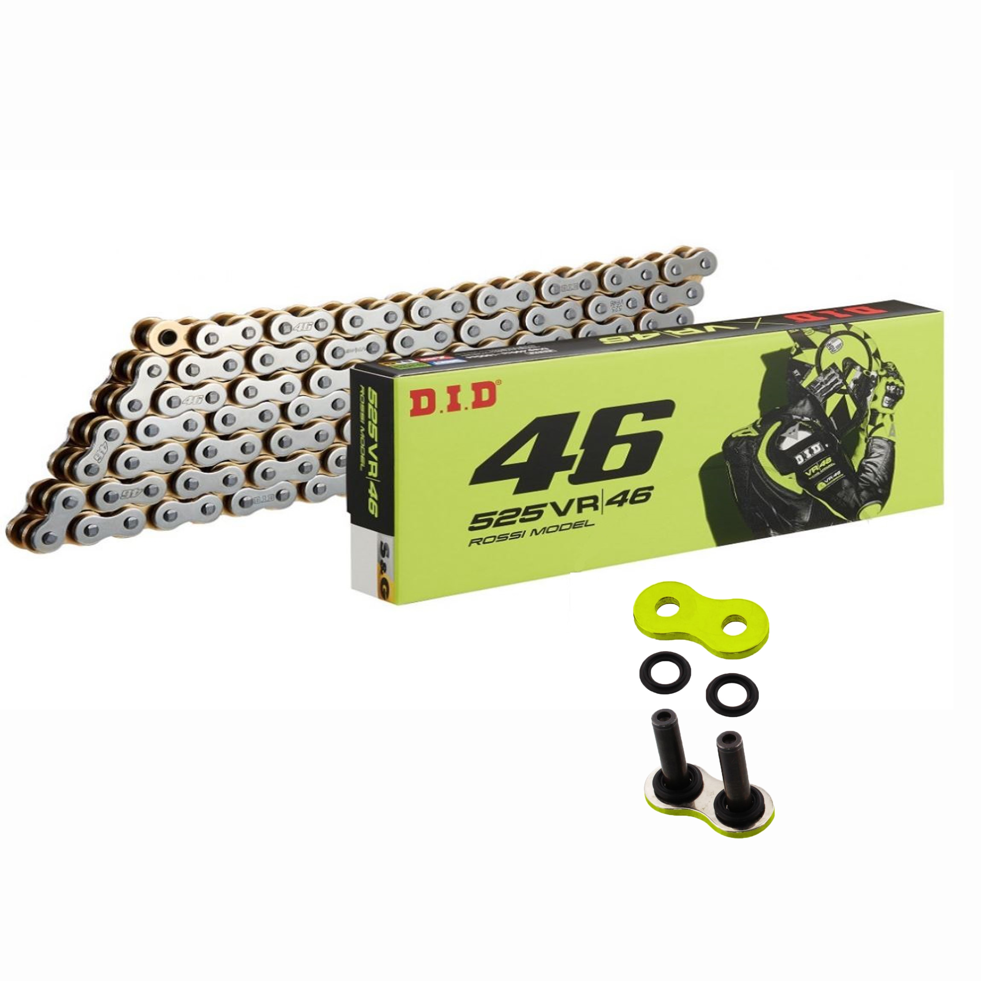 DID VR46 Motorrad X-Ringkette silber-gold verstärkt 525 Teilung 110 Glieder +Nietschloss