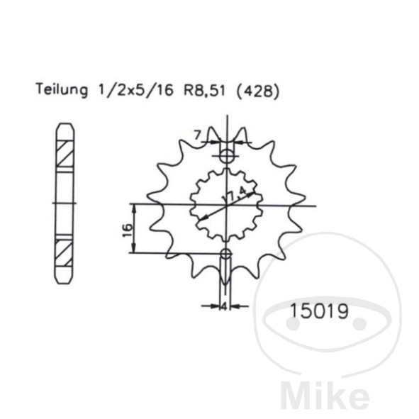 Ritzel 16 Zähne Teilung 428 feinverzahnt Innendurchmesser 17,4/20mm