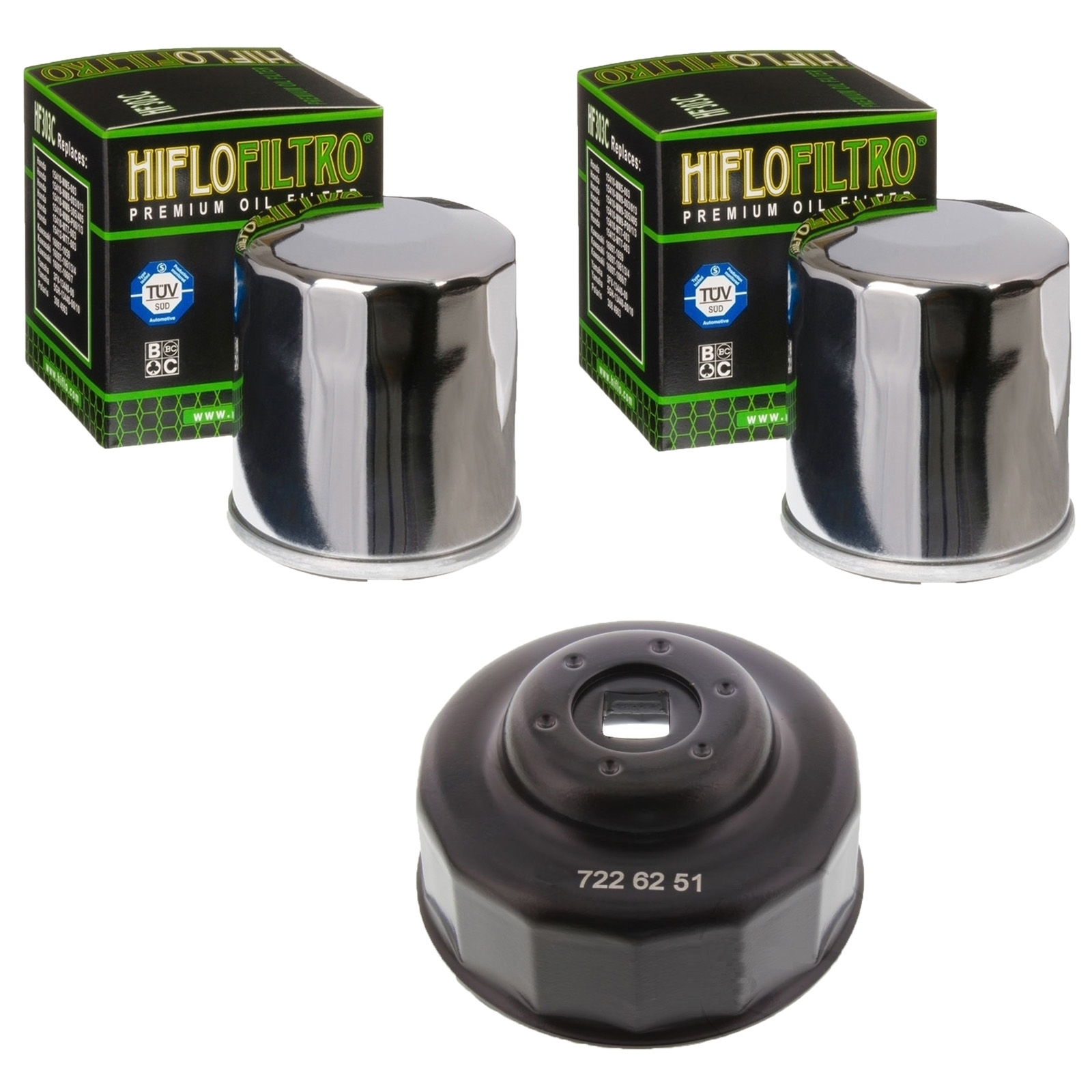 Satz Ölfilter chrom + Ölfilterschlüssel für Honda Yamaha Kawasaki
