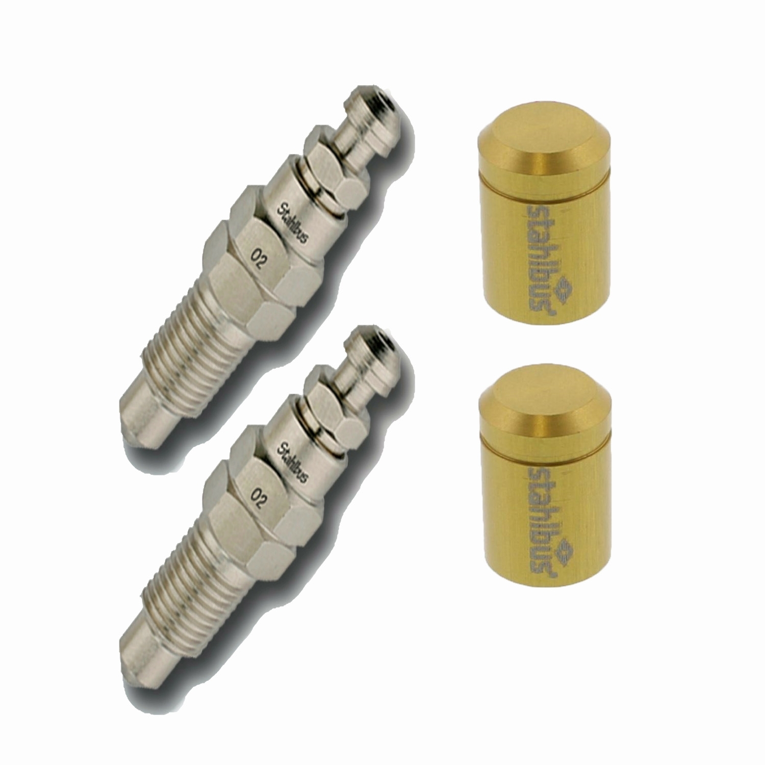 2x stahlbus Entlüfterschraube Entlüftungsventil 3/8 Zoll-24UNFx22 mm + Alukappen Gold