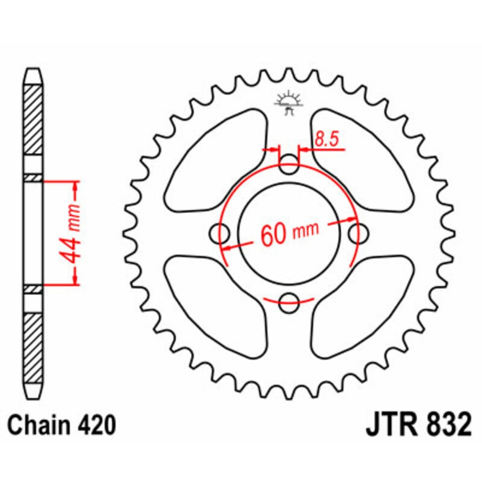 JT Sprockets Kettenrad 48 Zähne 420 Teilung Innendurchmesser 44mm Lochkreis 60mm JTR832.48