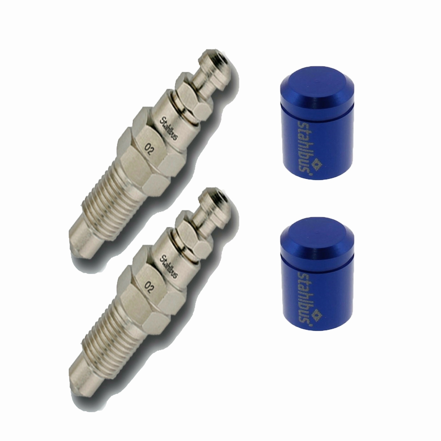 2x stahlbus Entlüfterschraube Entlüftungsventil 3/8 Zoll-24UNFx22 mm + Alukappen Blau