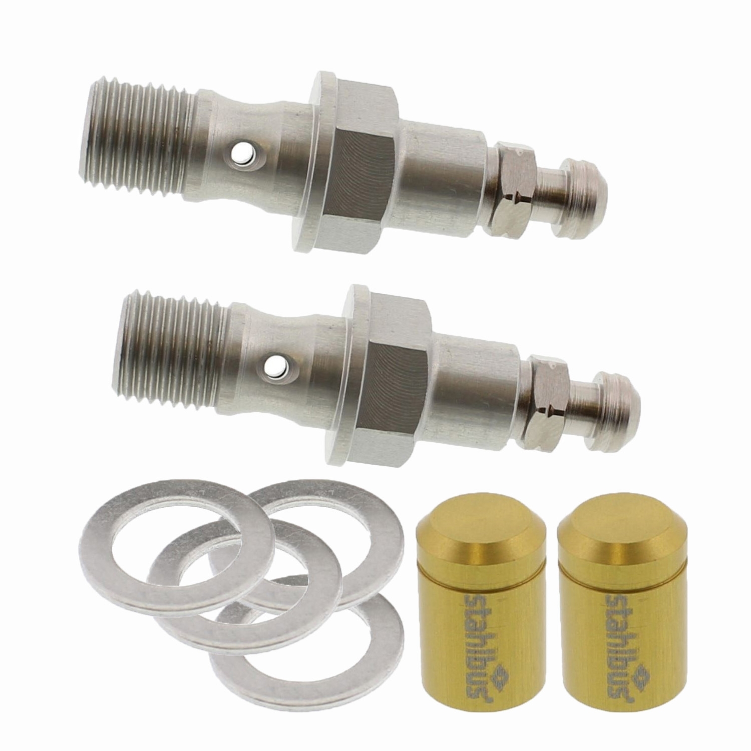 SET Stahlbus Hohlschrauben mit Entlüftungsventil M10x1.0 Alu + 2 Abdeckkappen gold
