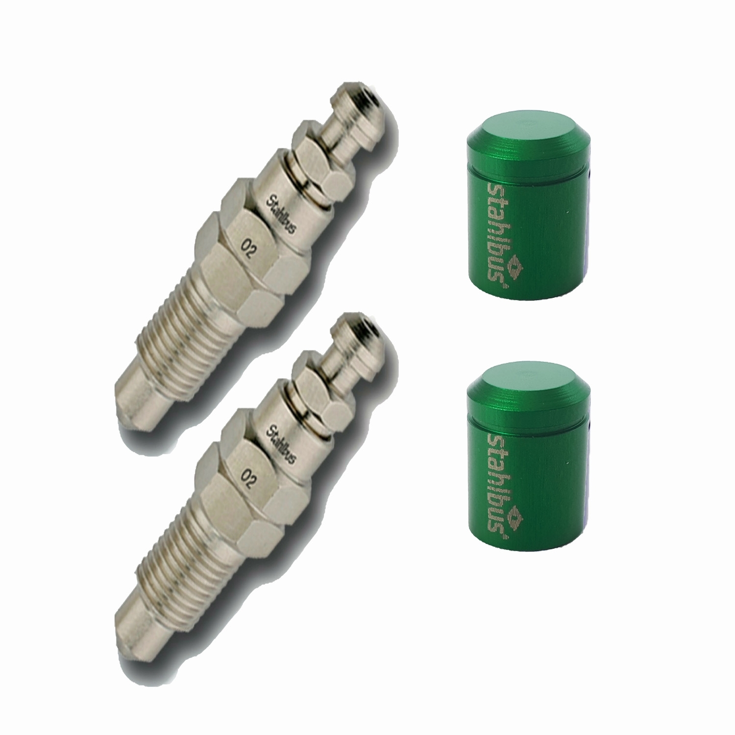 2x stahlbus Entlüfterschraube Entlüftungsventil 3/8 Zoll-24UNFx22 mm + Alukappen Grün