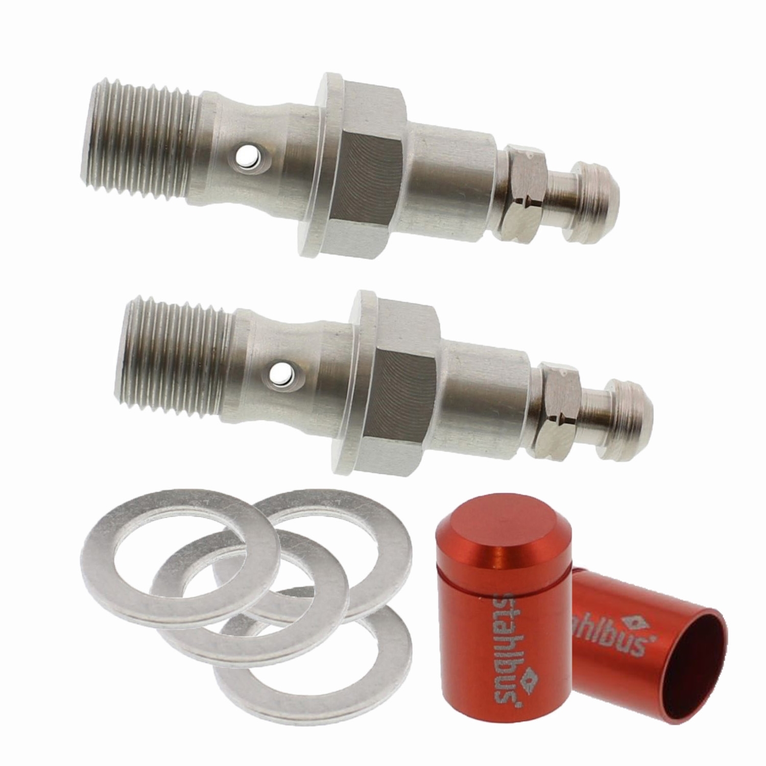 SET Stahlbus Hohlschrauben mit Entlüftungsventil M10x1.0 Alu + 2 Abdeckkappen rot