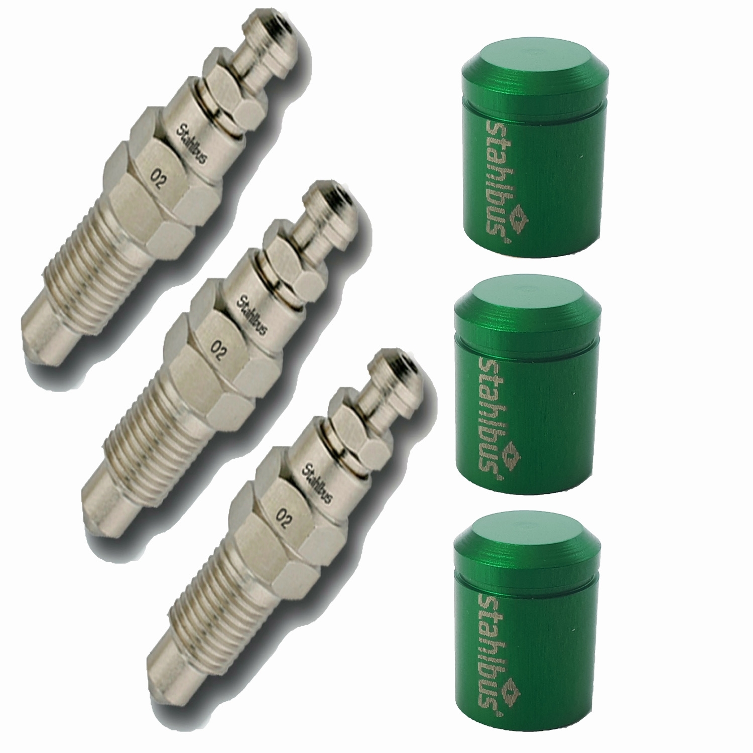 3x stahlbus Entlüfterschraube Entlüftungsventil 3/8 Zoll-24UNFx22 mm + Alukappen Grün