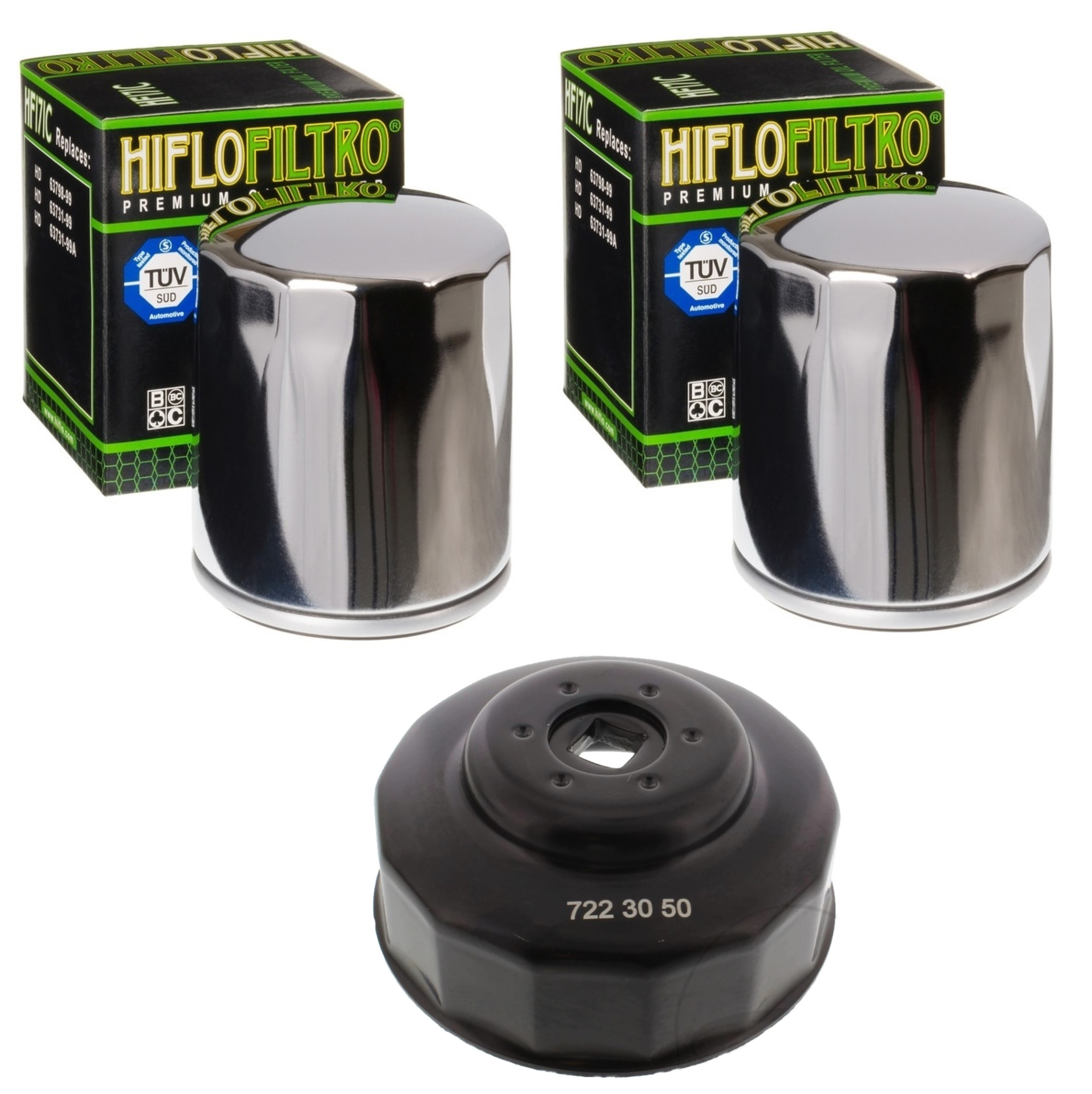 2x Hiflo Ölfilter Chrom HF171C mit Ölfilterschlüssel