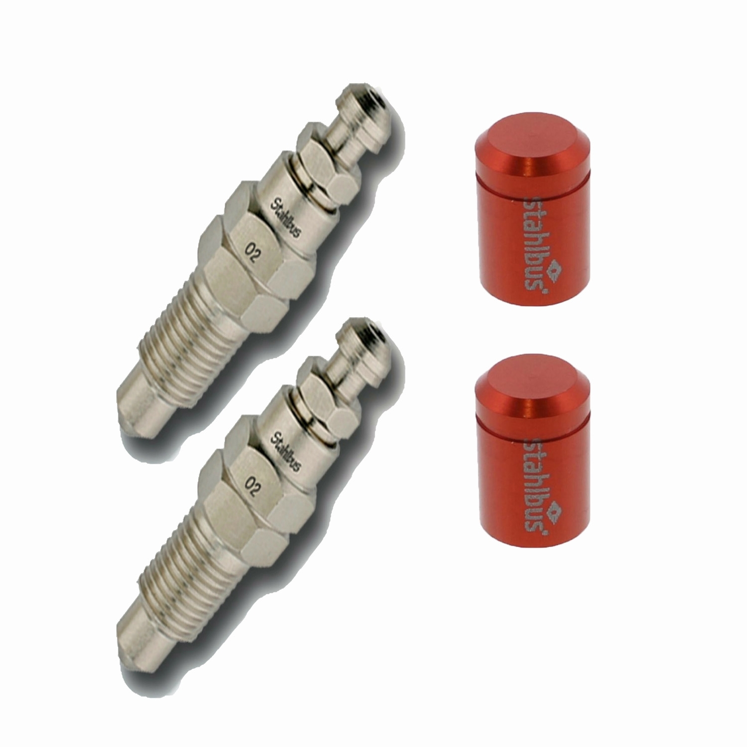2x stahlbus Entlüfterschraube Entlüftungsventil 3/8 Zoll-24UNFx22 mm + Alukappen Rot