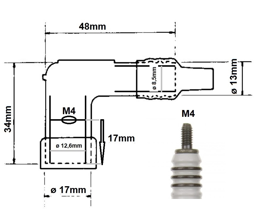 Zündkerzenstecker 90° abgewinkelt 34 x 48 mm für M4 Anschluss 10 - 12mm Kerzen
