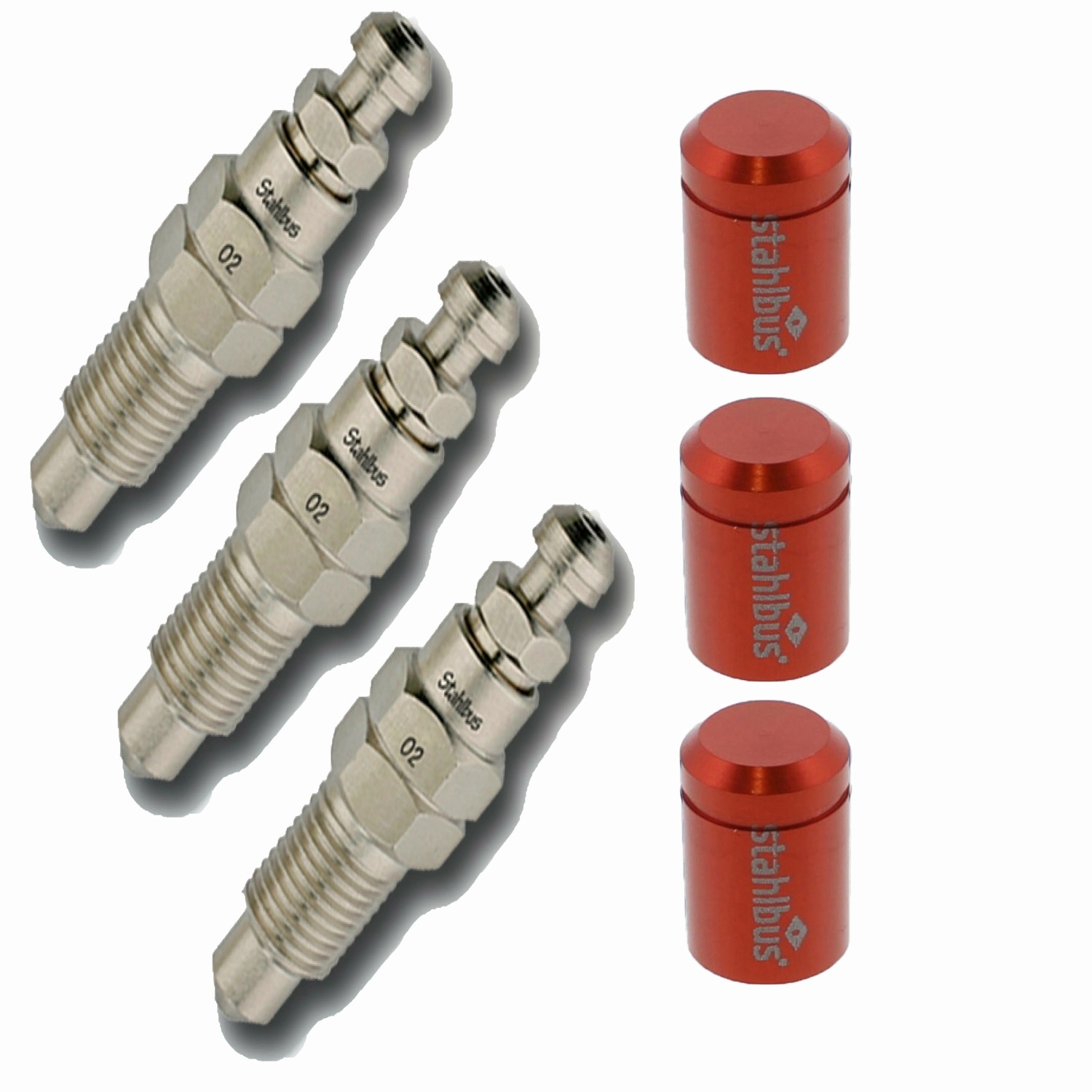 3x stahlbus Entlüfterschraube Entlüftungsventil 3/8 Zoll-24UNFx22 mm + Alukappen Rot