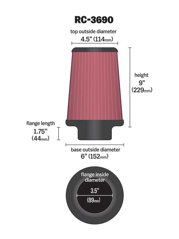 K&N UNIVERSAL Sport Luftfilter RC-3690 Flansch 89 mm