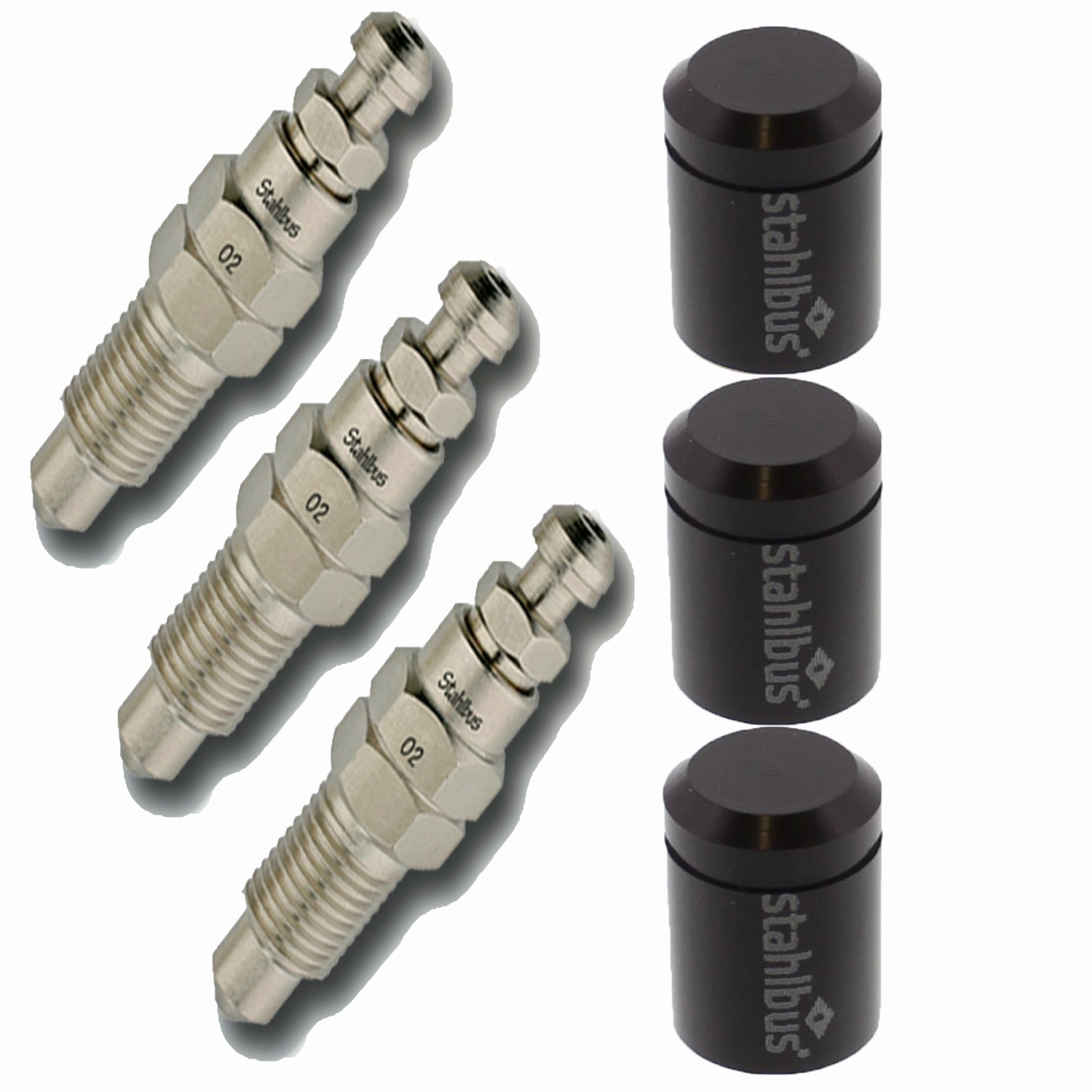 3x stahlbus Entlüfterschraube Entlüftungsventil 3/8 Zoll-24UNFx22 mm + Alukappen Schwarz