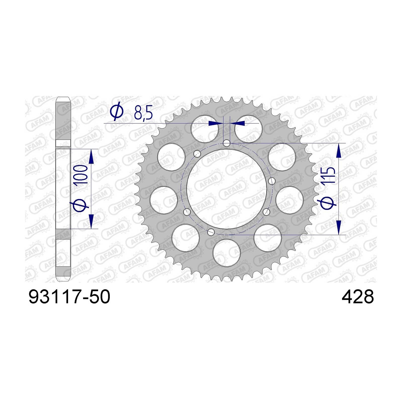 AFAM Kettenrad Teilung 428 50 Zähne Alu gun metal