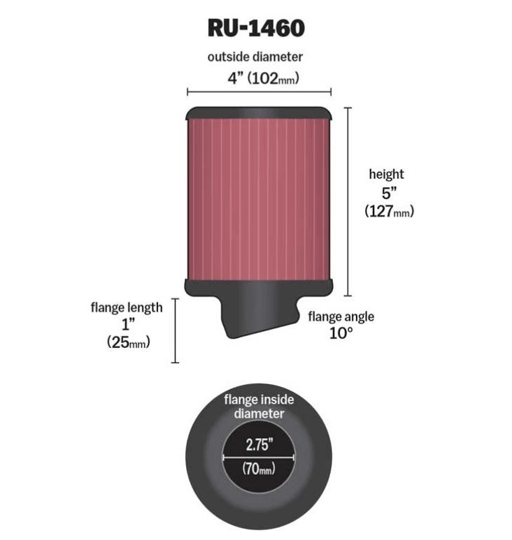 K&N UNIVERSAL Sport Luftfilter RU-1460 Flansch 70 mm Rund & Gerade