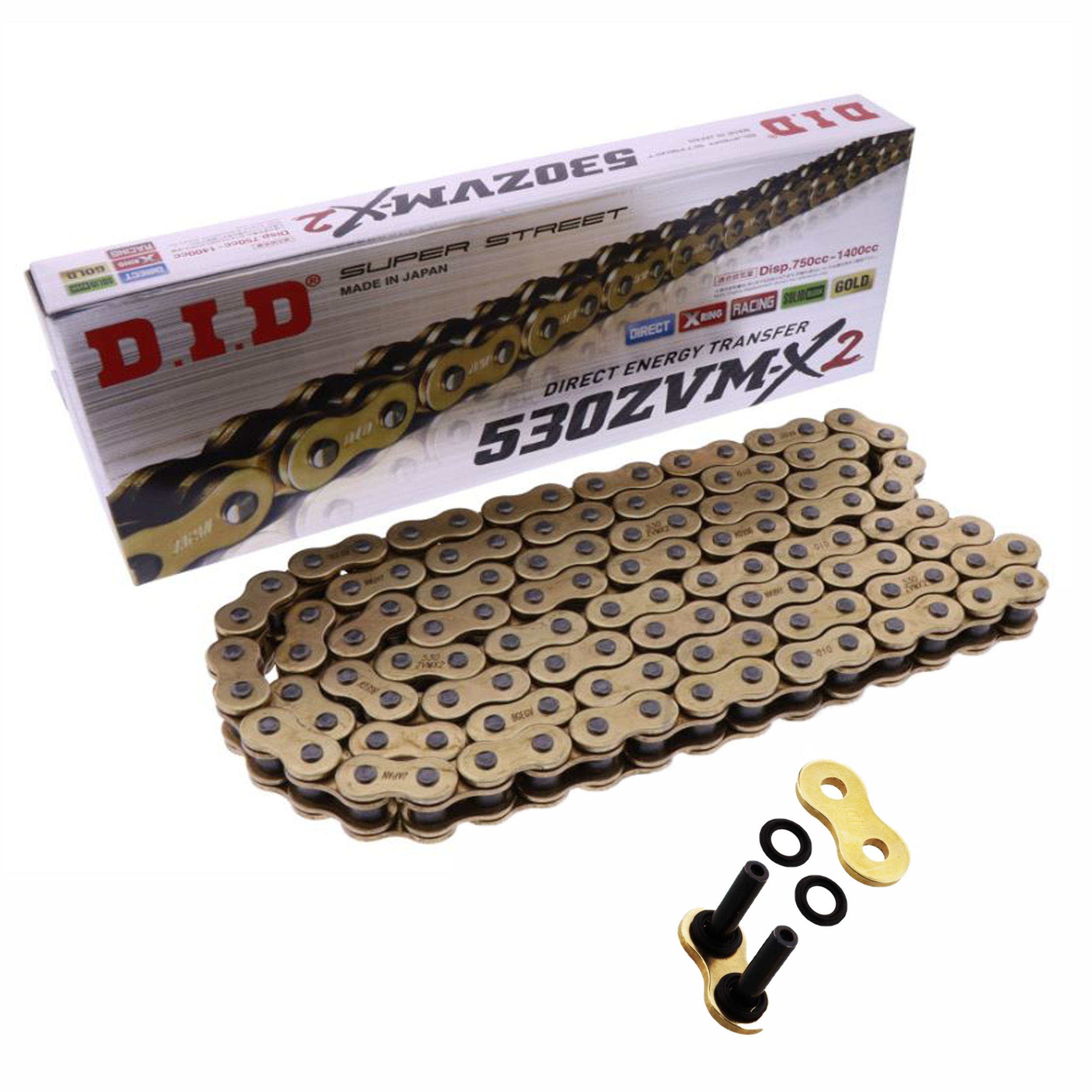 DID ZVMX2 Motorrad X-Ringkette Gold 530 Teilung 124 Glieder offen +Nietschloss