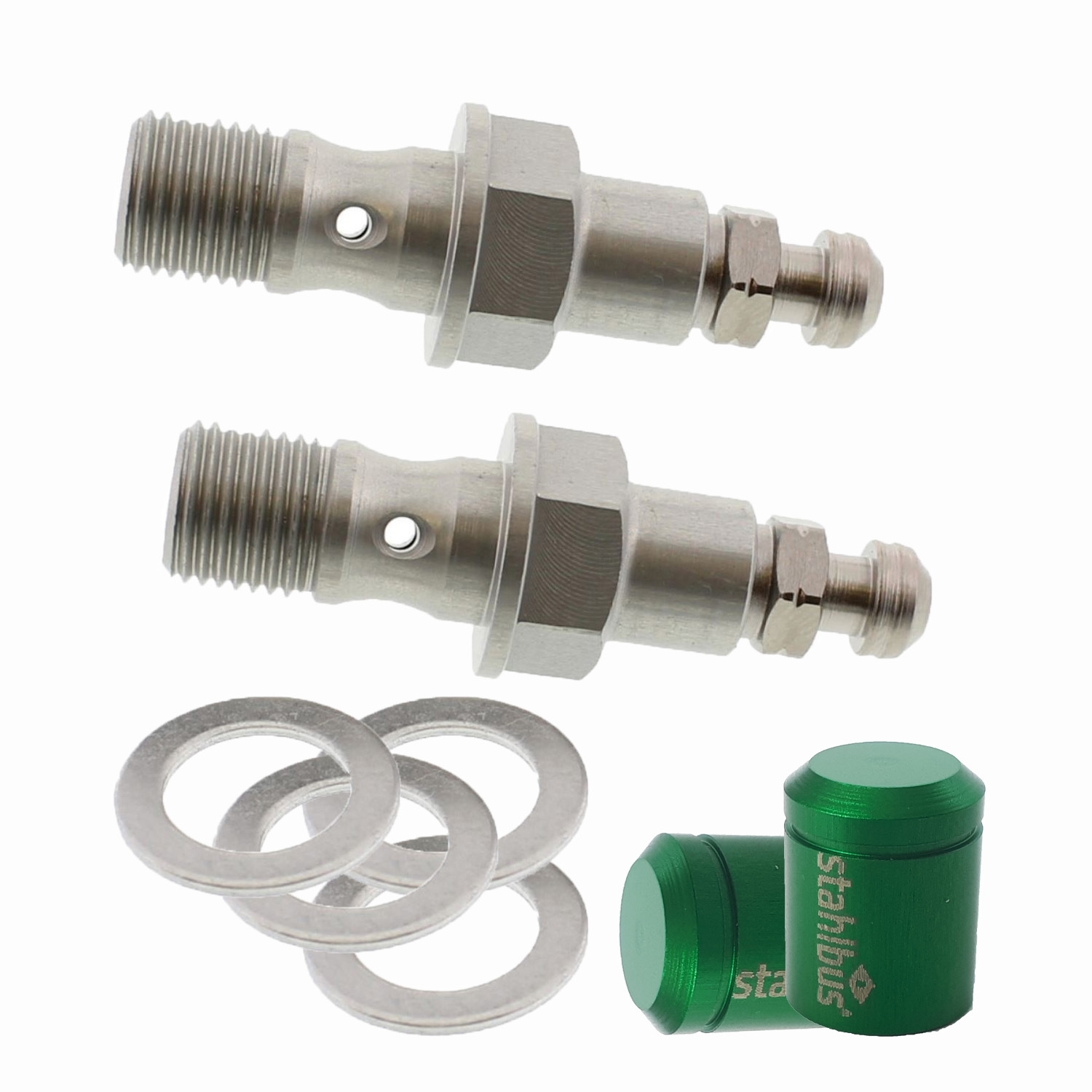 SET Stahlbus Hohlschrauben mit Entlüftungsventil M10x1.0 Alu + 2 Abdeckkappen grün