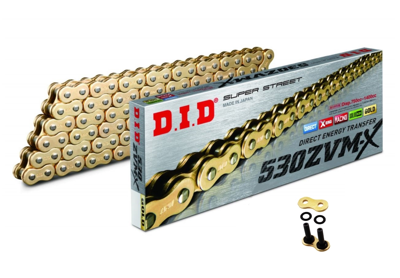 DID ZVMX Motorrad X-Ringkette Gold 530 Teilung 104 Glieder offen +Nietschloss