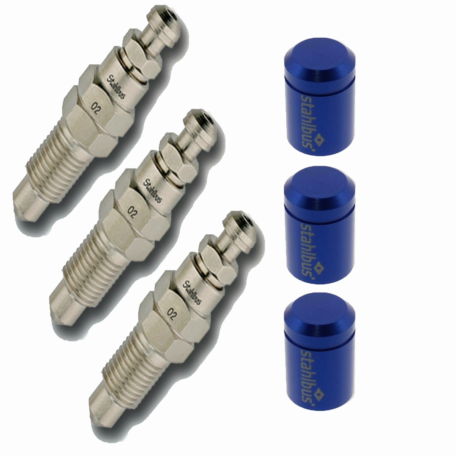 3x stahlbus Entlüfterschraube Entlüftungsventil 3/8 Zoll-24UNFx22 mm + Alukappen Blau