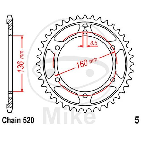 JT Sprockets Kettenrad 47 Zähne 520 Teilung Innendurchmesser 136mm Lochkreis 160mm  R 5-47