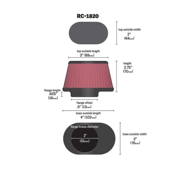 K&N UNIVERSAL Sport Luftfilter RC-1820 Flansch 51 mm Oval & Konisch