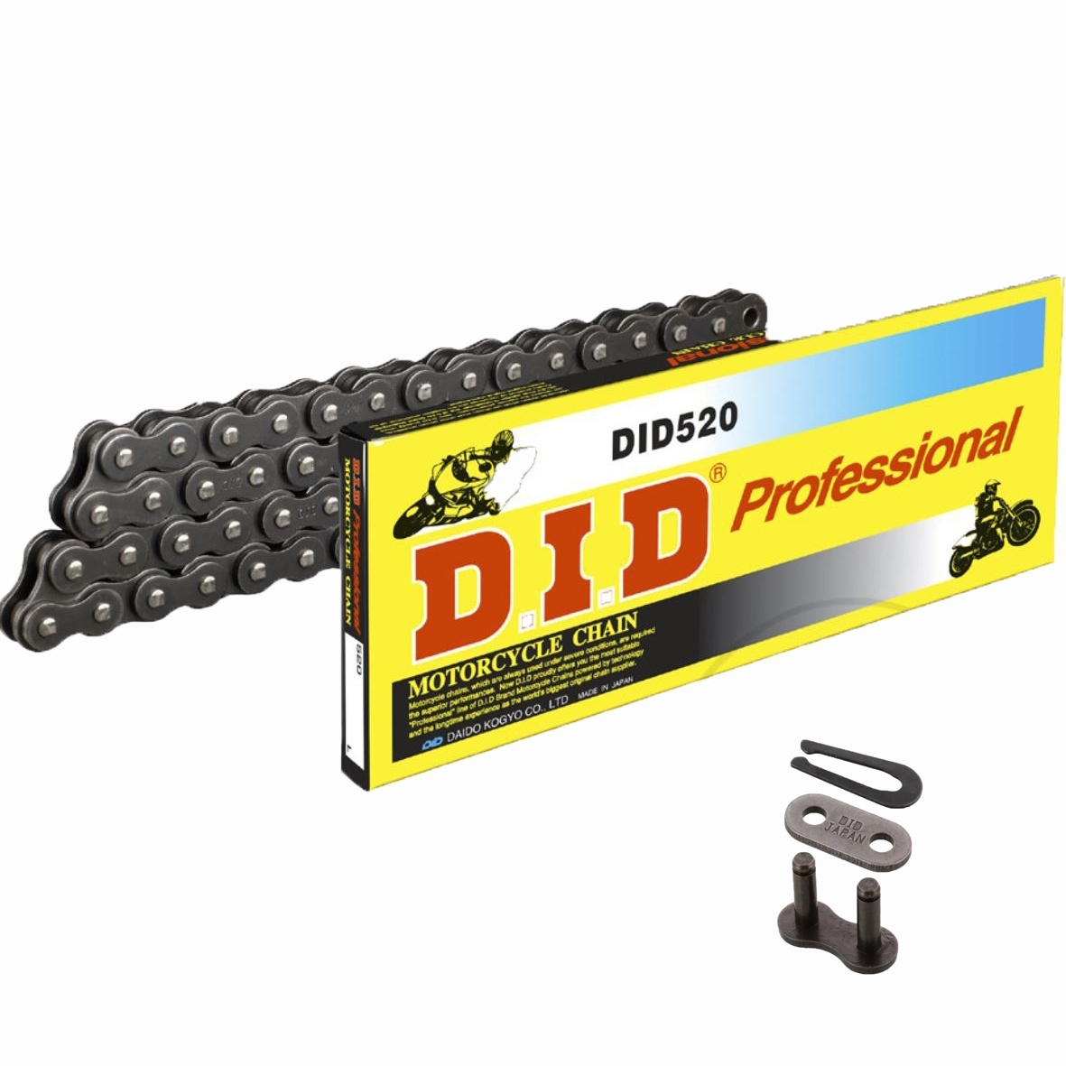 DID Motorrad Antriebskette verstärkt 520 Teilung 110 Glieder offen +Clipschloss